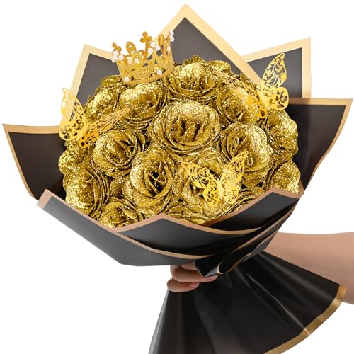 Waipfaru Glitter Roses Bouquet, DIY Fake Flowers Bouquet, Birthday Gifts for Women Mom, 24 Pcs Gold Rose for Grandma Wife Girlfriend Valentines, Mothers Day, Anniversary, Graduation