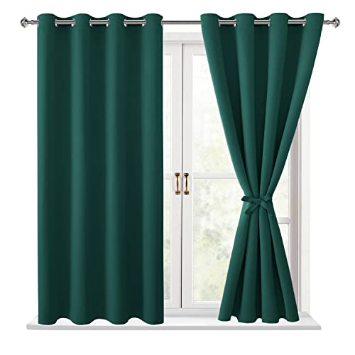Hiasan Blackout Curtains for Bedroom, 52 x 54 Inches Long - Thermal Insulated & Energy Saving Window Curtains for Living Room, 2 Drape Panels Sewn with Tiebacks, Hunter Green