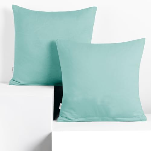 DecoKing Set of 2 Pillowcases 50 x 50 cm, Jersey Knit, 100% Combed Cotton, zip closure, color Light Turquoise, Amber