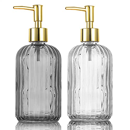 HOHAOO Versatile Glass Soap Dispenser Bottle with Pump, 14 Oz Dripless Pump Bottle, Refillable Liquid Hand Jar Dispenser for Bathroom, Countertop, Kitchen, Laundry Room(1 Pack Grey, 1 Pack Clear)