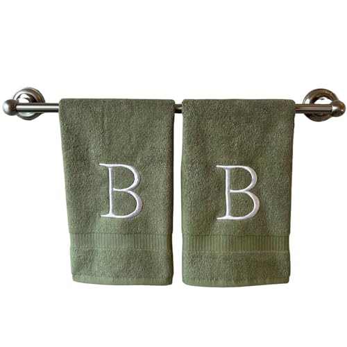 Sage with White Monogrammed Hand Towels for Bathroom - Set of 2 Letter B - Luxury Hotel Quality Initial Towels For Powder Room, Spa, GOTS Organic Certified