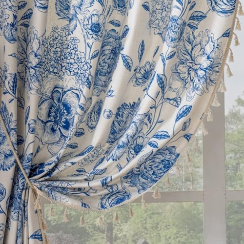 F-CHU Blue Floral Farmhouse Curtains Living Room Drapes 84 Inch Length Cotton Linen Boho Window Curtain with Tassel Rod Pocket Bedroom Macrame Drapes Flower Curtains, 2 Panel Blue Curtain