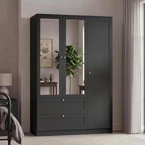 Vida Designs Altino 3 Door 2 Drawer Mirrored Wardrobe - Black - Bedroom Furniture - 170H x 116W x 53D cm - With Storage Shelf & Hanging Rail - Large Capacity Storage