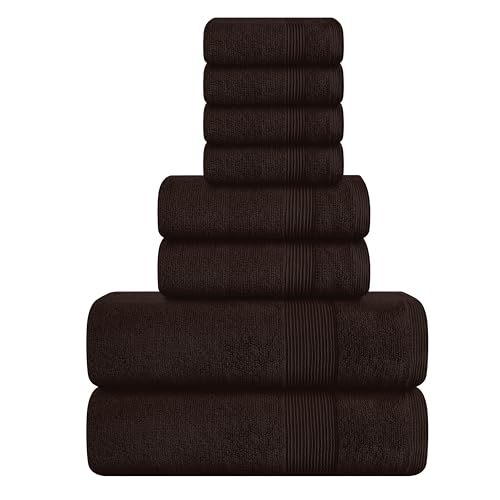 Elvana Home 8 Piece Towel Set 100% Ring Spun Cotton, 2 Bath Towels 27x54, 2 Hand Towels 16x28 and 4 Washcloths 13x13 - Ultra Soft Highly Absorbent Machine Washable Hotel Spa Quality - Chocolate Brown