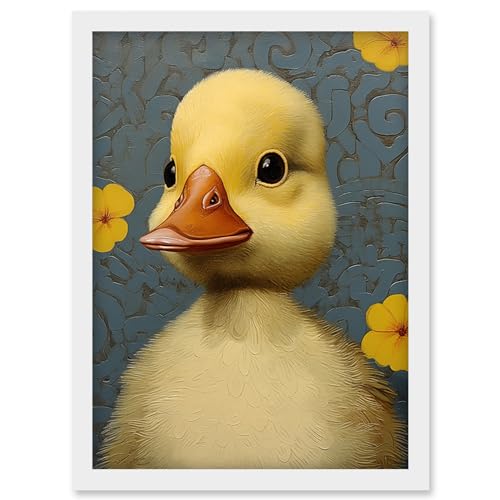 Artery8 Duckling with Flowers Oil Painting Kids Bedroom Baby Nursery Duck Artwork Framed Wall Art Print A4