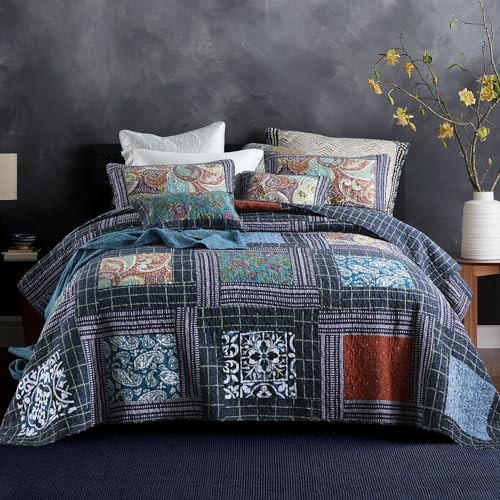 MaiuFun California King Quilt Set, 100% Cotton Oversized Bedspread(120 * 110 Inch), Patchwork with Retro Paisley Pattern, 3-Piece Lightweight Bedding Coverlet for All Season (1 Quilt + 2 Pillowcases)