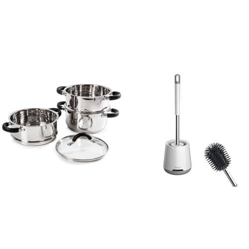 Tower T80836 Essentials Induction Steamer Pans 3 Tier with Glass Lid, Silicone Handles & Ibergrif M34152 Silicone Toilet Brushes & Holders, Deep Cleaner