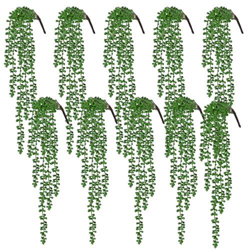RECUTMS 10pcs Artificial Succulents Hanging Plants Fake Hanging String of Pearls Plants Faux Greenery Wall Plant for Spring Indoor Outdoor Home Garden Office Patio Apartment Decor(Green)