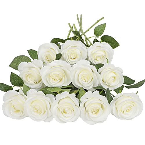 JUSMAI 12pcs Roses Artificial Flowers Ivory Silk Roses with Long Stems Fake Flowers for Wedding Bouquet Centerpices Decorations Party Bridal Baby Shower Home Decor