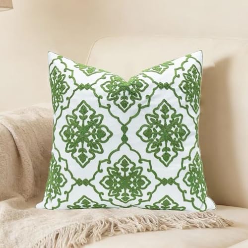 SLOW COW Cotton Embroidery Decorative Throw Pillow Cover Case for Couch Sofa Home Decor, Modern Bohemian Flower Accent Pillow Cushion Cover 18 X 18 Inches, Green, 1PC.