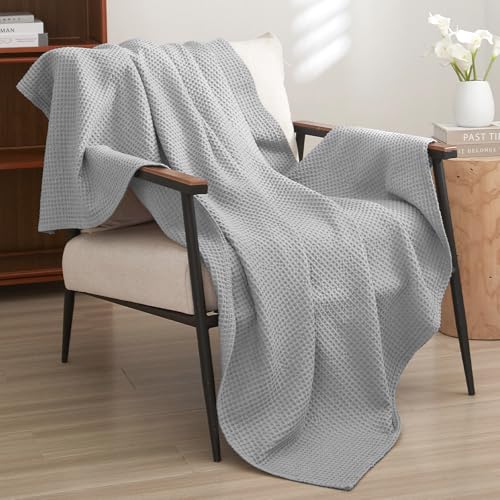 "PHF 100% Cotton Waffle Weave Throw Blanket 50""x60""-Lightweight Washed Soft Breathable Blanket for Adult and Kid-Perfect Blanket Layer for Couch Bed Sofa-Elegant Home Decoration-Light Grey"
