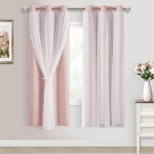 "DWCN Pink Blackout Curtains with Sheer Overlay with Tiebacks 63 Inch Long - Mix & Match Double Layer Window Panels for Living Room, Girls Bedroom, Nursery, Grommet Top, 38"" Wx63"" L, Rose Blush, 2PCS"