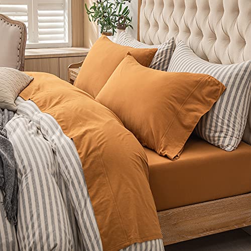 PURE ERA Jersey Knit 4pc Bed Sheet Set Bedding 100% T-Shirt Heather Cotton Super Soft Comfy Breathable Fits Mattress Up to 20'' Extra Deep Pocket (Solid Burnt Orange, Cal King)