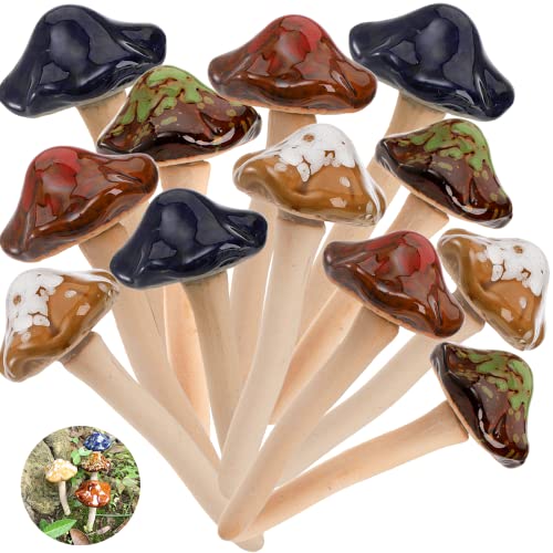 Peohud 12 Pack Ceramic Garden Mushrooms, Fairy Garden Decorations Ornaments Outdoor, Lawn Ornament Decor Ceramic Mushrooms for DIY Shed Flowerpot Plants Statue, 4.7 Inch