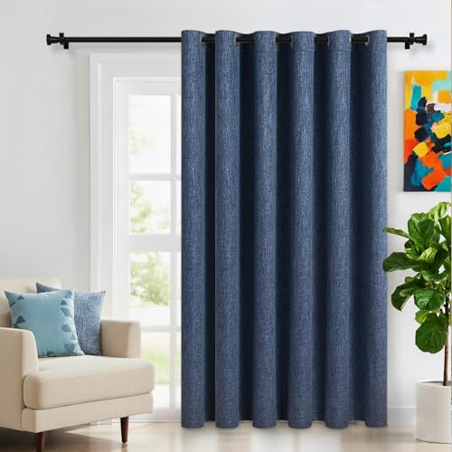 LORDTEX Linen Look Blackout Curtains for Bedroom - Extral Wide Thermal Insulated & Privacy Protection Patio Sliding Door Drape - Grommet Thick Textured Panel for Living Room, W100 x L96 inches, Blue