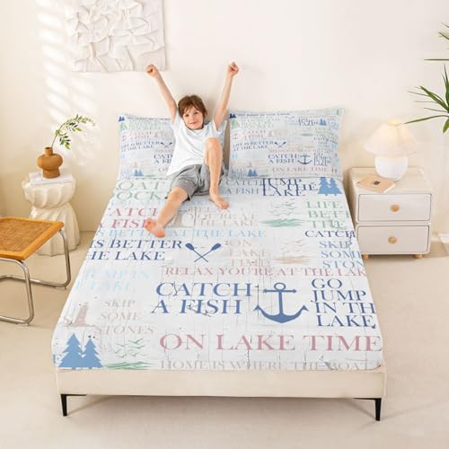 Nautical Anchor Bedding Set Full Size,Boating Lover Bed Sheet Set 3pcs for Kids Teens Adult Room Decor,Outdoor Adventure Fitted Sheet Lake House Style Bed Cover with 2 Pillowcases,White
