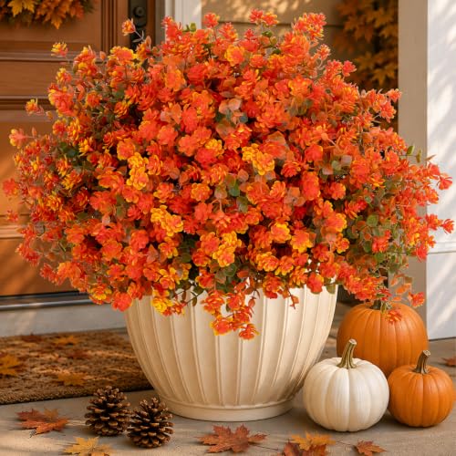 AXYLEX Artificial Fall Flowers Outdoor Fake Mums - 12 Bundles Fake Plants UV Resistant No Fade Faux Plastic Greenery Garden Porch Patio Fall Home Decor(OrangeGreen)