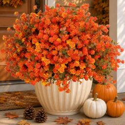 AXYLEX Artificial Fall Flowers Outdoor Fake Mums - 12 Bundles Fake Plants UV Resistant No Fade Faux Plastic Greenery Garden Porch Patio Fall Home Decor(OrangeGreen)