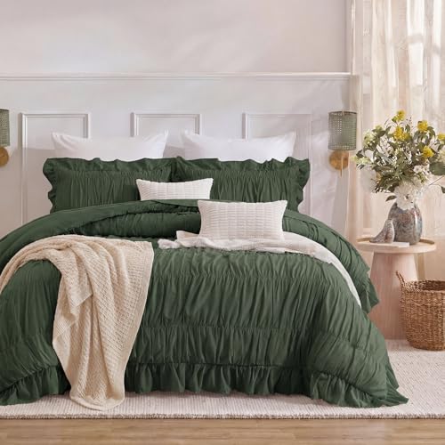 Herside Olive Green Ruffle Duvet Cover Set Queen Size,Ruched Boho Bedding 3 Pieces Shabby Chic Luxury Wrinkle Ruffle Comforter Cover Set,Breathable and Soft Microfiber Quilt Cover Set for All Seasons