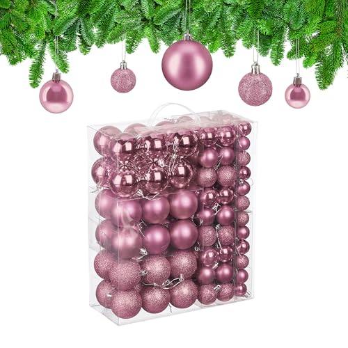 Relaxdays Christmas Baubles, Set of 50, Tree Ornaments, Holiday Decorations, Plastic, Glittery, Matte & Shiny, Pink, 3 Sizes