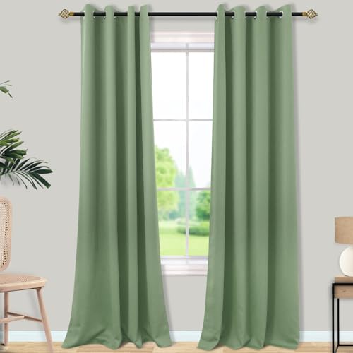 Mrs.Naturall 52x105 Inches Long Sage Green Curtains for Dining Room 2 Panels Blackout Room Darkening Curtain for Bedroom