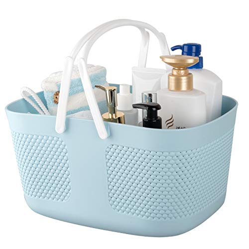rejomiik Plastic Basket with Handles, Storage Bin Organization Containers for Bathroom, Kitchen, Dorm Room, Pantry, Closet, Office, Kid Play Area - Blue