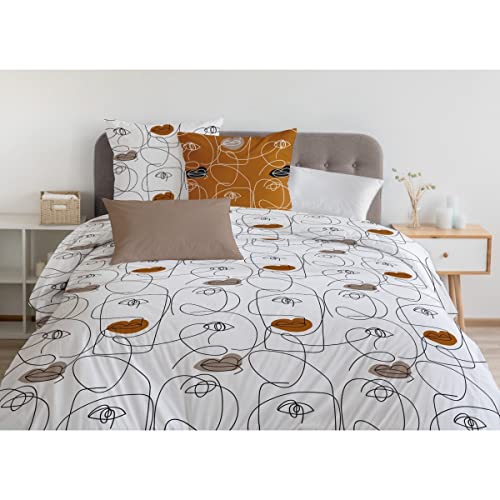 Home Linge Passion Nefertiti Cotton Duvet Cover Set 57 Thread Count White, 100%, Blanc & Brown Caramel, 240x260 cm