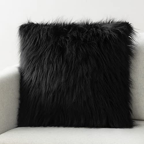 Phantoscope Faux Fur Solid Decorative Pillow Cover Fluffy Throw Pillow Mongolian Luxury Fuzzy Pillow Case Cushion Cover for Bedroom and Couch, Black 20 x 20 Inches, Pack of 1