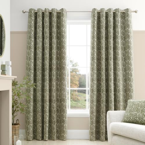 Bianca Chenille Leaves 66x72 Inch Lined Eyelet Curtains Two Panels Green