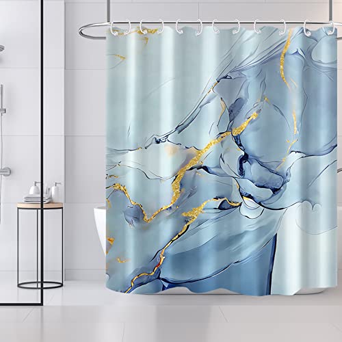 AWERT Dreamy Ink Art Light Blue Marble Shower Curtain for Bathroom Modern High Definition Printing Waterproof Shower Curtain with Hooks Bathroom Decor 72x72inch