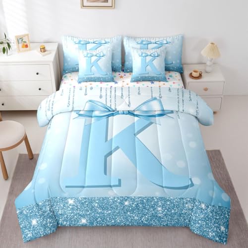 Girly Blue Bow Twin Size Comforter Set with Sheets for Kids Teens Girls - Initial Letter K 7-Piece Bedding Set with Bow Design Modern Trendy Coquette Bed in a Bag Cute Blue Bow Bed Quilt Sets