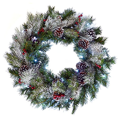 "SPARKLES 24"" (61cm) Light Up LED Green Snow Frosted Christmas Xmas Wreath Door Decoration"