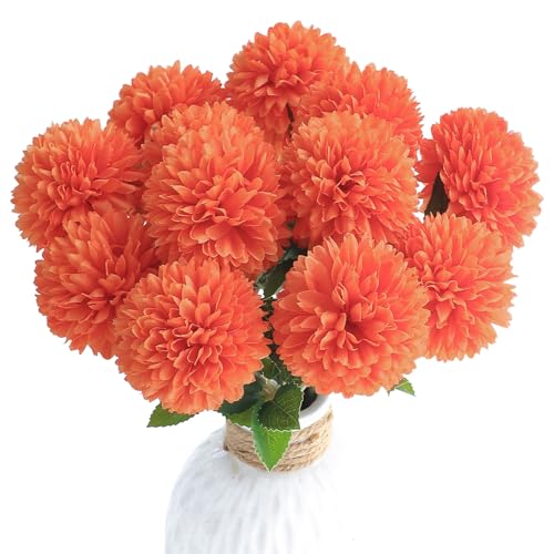 Floroom 12pcs Burnt Orange Faux Silk Mums Artificial Flowers Bulk Fake Chrysanthemums with Stems for DIY Wedding Bouquets Table Centerpieces Floral Arrangements Fillers Home Decorations