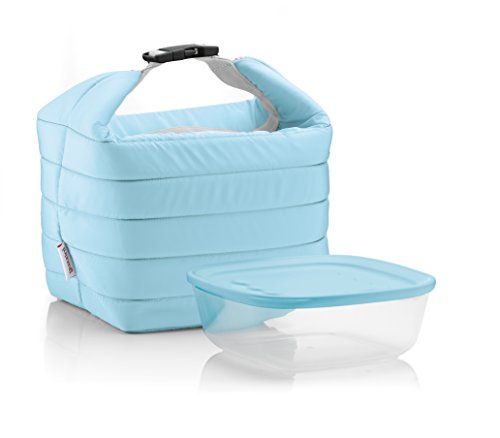 Guzzini - On The Go, Thermal Bag Set with Freshness Container - Celeste Mat, Bag 22 x 18 x h22 cm, Container 19.6 x 19.6 x h7 cm, 1400 cc - 032950134