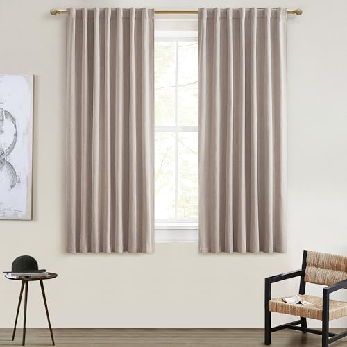 "QJmydeco Small Blackout Kitchen Curtains 48 Inch Length, Rustic Farmhouse Pleat Burlap Basement Curtains for Small Window Room Darkening Privacy Drapes Back Tab (2 Panels 50"" W x 48"" L, Linen)"