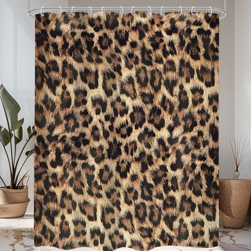 Extra Long Leopard Print Shower Curtain Set 72x96 Bathroom Decor 72Wx96H - Skin Pattern Powerful Cheetah Cat Panthera Wildlife Panther Brown Bathroom Curtain Set Waterproof Polyester Fabric with Hooks