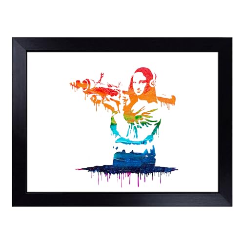 Lap Tray with Bean Bag Cushion, Banksy Mona Lisa Bazooka Graffiti - Handmade in the UK, Raised Wooden Edge, Padded Cushion, Heat-Resistant Wipe-Clean Surface, for Meals, Laptops and Crafts