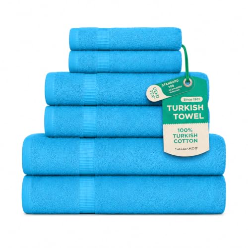 SALBAKOS Turkish Luxury Hotel and Spa Turkish Cotton, Organic, Eco-Friendly Bathroom Towels Bath Sheet (Set of 2) 6 Piece Set Aqua