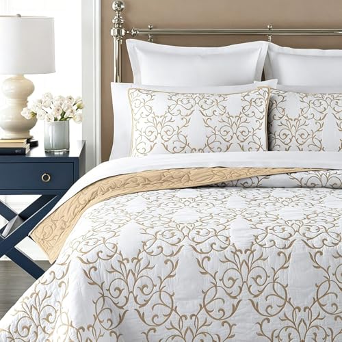 mixinni® Luxury 100% Cotton Embroidered Quilt Bedding Bedspread Comforter -(King Champagne)(Not Including Pillow Shams)