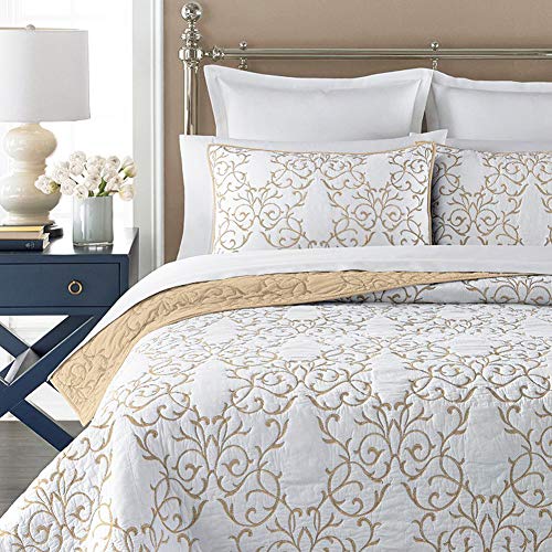 mixinni® Luxury 100% Cotton Embroidered Quilt Bedding Bedspread Comforter -(King Champagne)(Not Including Pillow Shams)