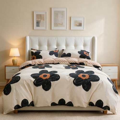 CLOTHKNOW Black Floral King Size Comforter Set Sunflower Bedding Comforter Sets Brown Plaid Comforter Boho Comforter with 2 x Pillow Cases