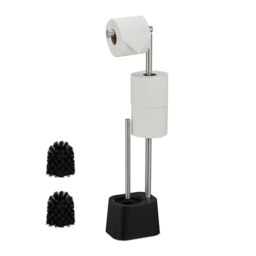 Relaxdays toilet set, stainless steel, 65.5 x 13 x 16 cm, freestanding toilet paper holder with brush, black/white
