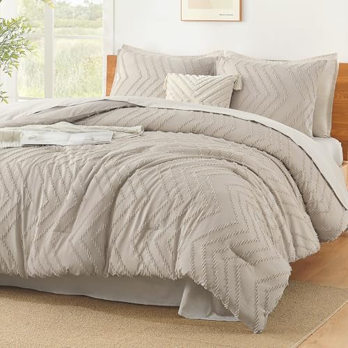 Litanika Oversized King Comforter Set, 3 Pcs Boho Tufted Bedding Set - Light OatmealNeutral Lightweight Fluffy Chevron Textured Bohemian Bedding Set Gift Choice