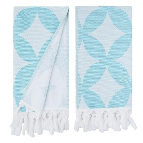 Turkish Cotton Kitchen Hand Towel Set of 2 (Geometric Bloom Turquoise)