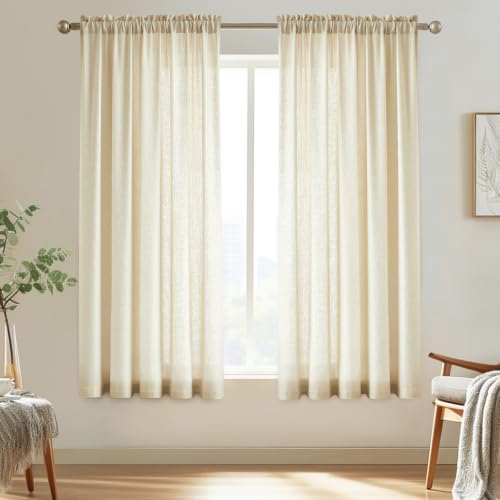 "Melodieux Beige Semi Sheer Curtains 72 Inches Long for Bedroom, Living Room Farmhouse Linen Look Shiny Sheer Drapes, Rod Pocket Light Filtering Sheer Curtains, 52"" W x 72"" L, 2 Panels"