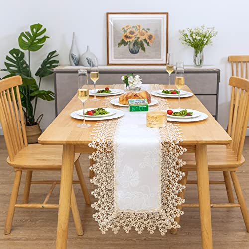 BrekSdat Beige lace Premium Rectangle Farmhouse Table Runner Waterproof OilProof SpillProof AntiShrink Soft Wrinkle Resistant Decorative Fabric Table Cover Kitchen Dinning Party Wedding Banquet