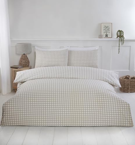 Rapport home Single Duvet Cover Set - Natural Checkered Polycotton Bedding with 1 Pillowcase - Soft & Durable Gingham Design for Bedroom (135 x 200cm)
