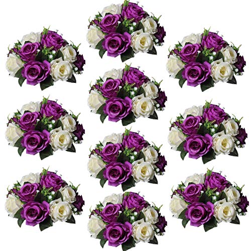 Sziqiqi Silk Rose Flower Balls for Table Centerpieces, Purple&White, 10Pcs - 10Pcs 9.5in Diameter, Faux Artificial Flowers, Floral Arrangements, For Wedding, Birthday, Party Decorations, Bridal Shower