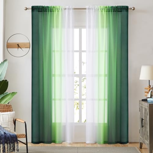 July Joy Ombre Sheer Curtains for Bedroom Living Room Rod Pocket, Privacy and Light Filtering, 2 Tone Reversible Gradient Voile Semi Window Curtains, Set of 2 Panels, Dark Green, 54 x 72 Inch