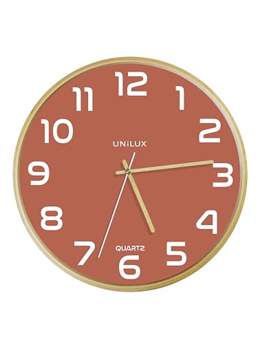 Unilux Modern Wooden Frame Wall Clock Baltic Red Dial 31 cm No Ticking